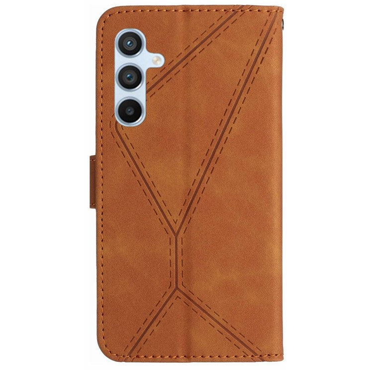 HT05 For Samsung Galaxy M15 5G Case Lines Imprinted PU Leather Skin-touch Phone Cover - Brown