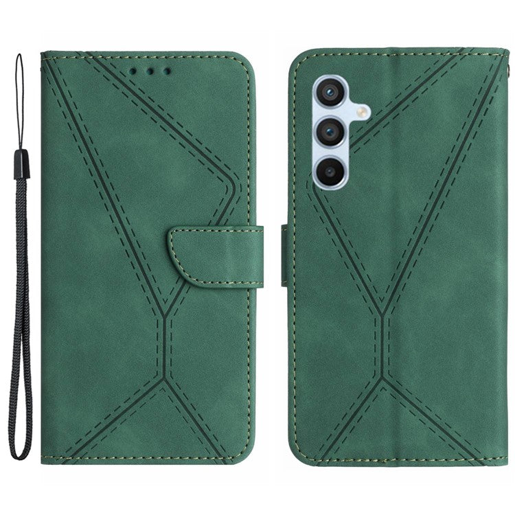HT05 For Samsung Galaxy M15 5G Case Lines Imprinted PU Leather Skin-touch Phone Cover - Green