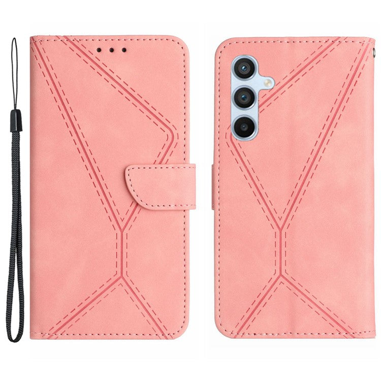 HT05 For Samsung Galaxy M15 5G Case Lines Imprinted PU Leather Skin-touch Phone Cover - Pink