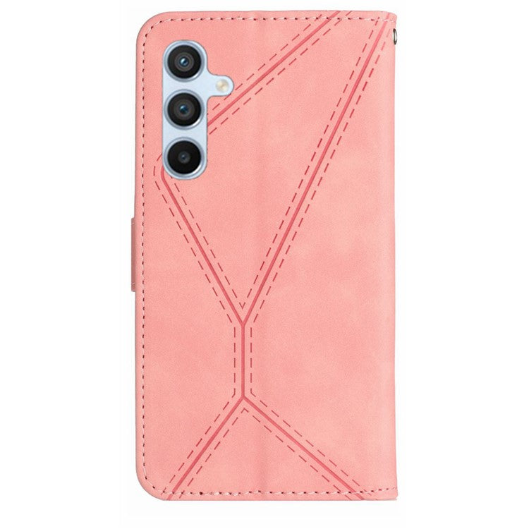 HT05 For Samsung Galaxy M15 5G Case Lines Imprinted PU Leather Skin-touch Phone Cover - Pink