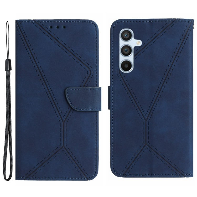 HT05 For Samsung Galaxy M15 5G Case Lines Imprinted PU Leather Skin-touch Phone Cover - Blue