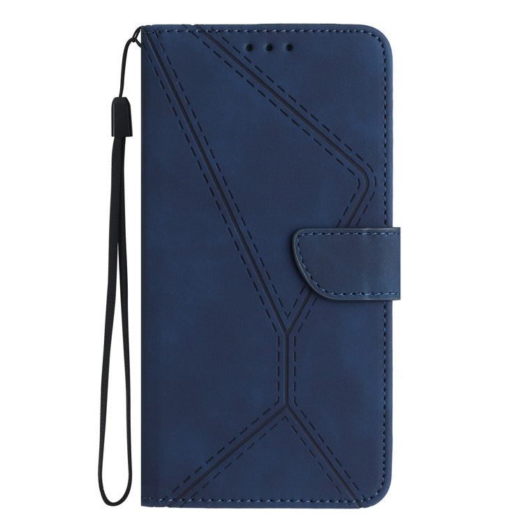 HT05 For Samsung Galaxy M15 5G Case Lines Imprinted PU Leather Skin-touch Phone Cover - Blue