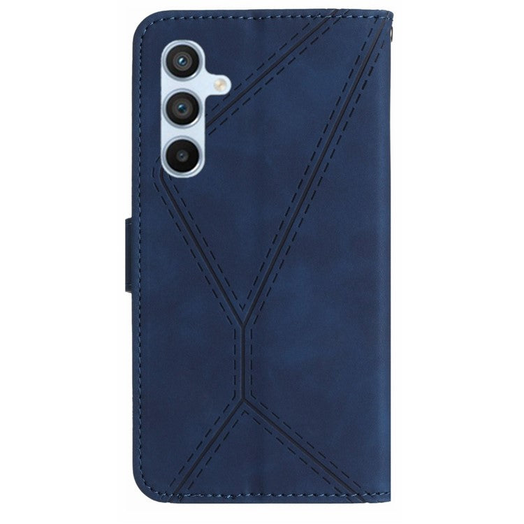 HT05 For Samsung Galaxy M15 5G Case Lines Imprinted PU Leather Skin-touch Phone Cover - Blue