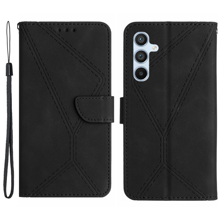 HT05 For Samsung Galaxy M15 5G Case Lines Imprinted PU Leather Skin-touch Phone Cover - Black