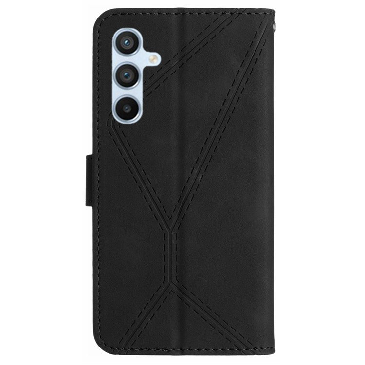 HT05 For Samsung Galaxy M15 5G Case Lines Imprinted PU Leather Skin-touch Phone Cover - Black