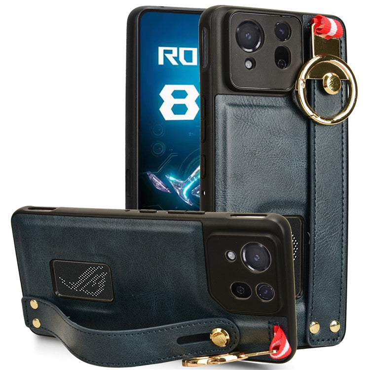 For Asus ROG Phone 8 5G / Phone 8 Pro 5G Cell Phone Case PU Leather+PC+TPU Back Cover with Neck Strap - Blue