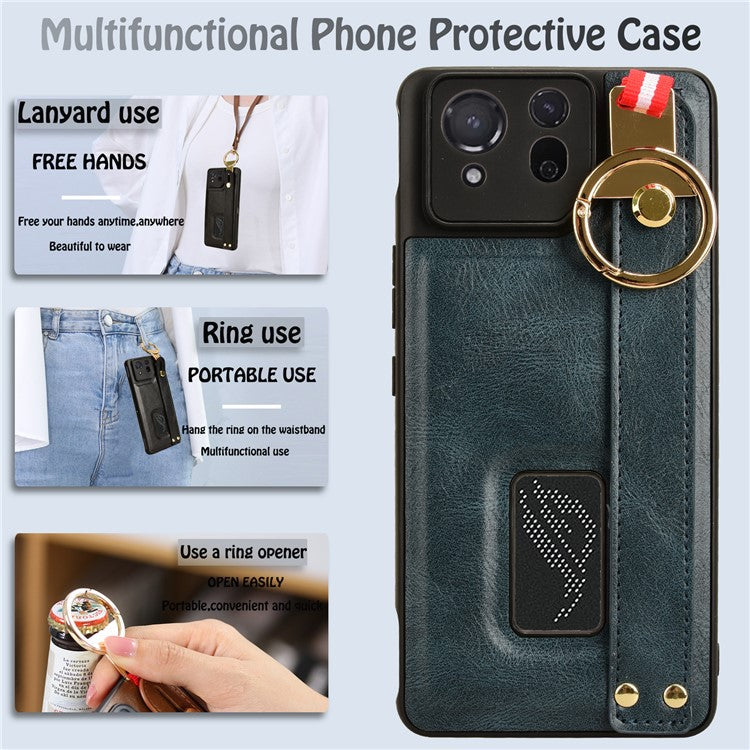 For Asus ROG Phone 8 5G / Phone 8 Pro 5G Cell Phone Case PU Leather+PC+TPU Back Cover with Neck Strap - Blue