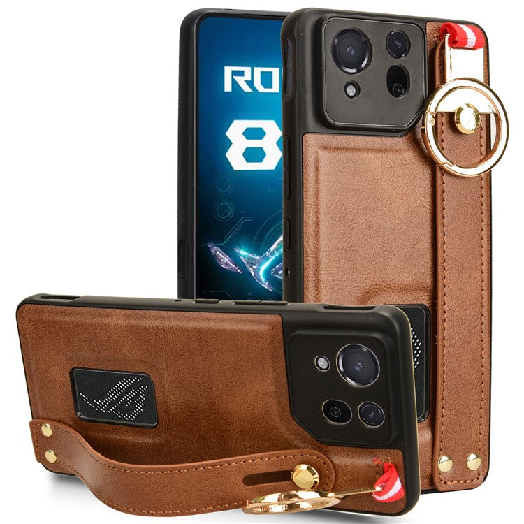 For Asus ROG Phone 8 5G / Phone 8 Pro 5G Cell Phone Case PU Leather+PC+TPU Back Cover with Neck Strap - Brown