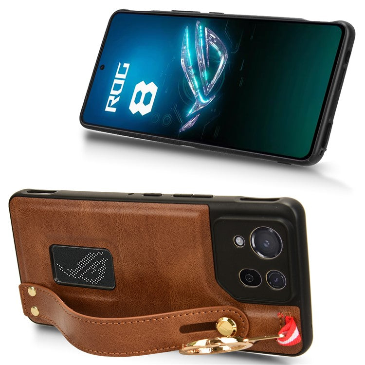 For Asus ROG Phone 8 5G / Phone 8 Pro 5G Cell Phone Case PU Leather+PC+TPU Back Cover with Neck Strap - Brown
