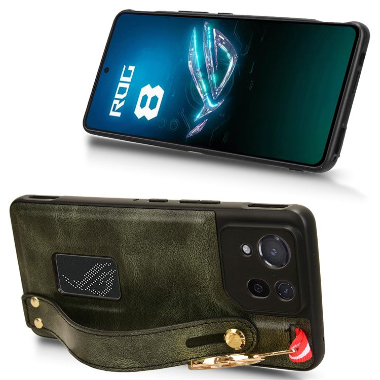 For Asus ROG Phone 8 5G / Phone 8 Pro 5G Cell Phone Case PU Leather+PC+TPU Back Cover with Neck Strap - Green