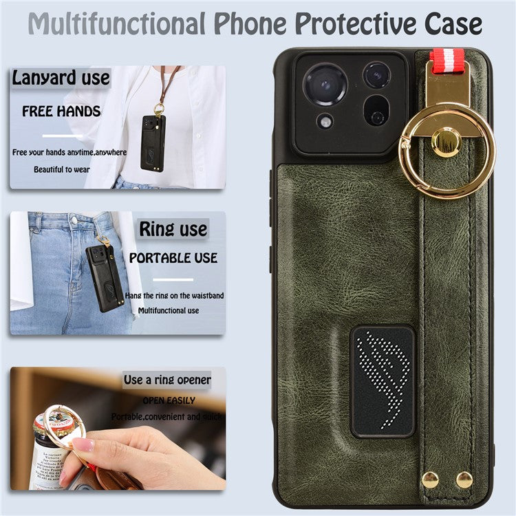 For Asus ROG Phone 8 5G / Phone 8 Pro 5G Cell Phone Case PU Leather+PC+TPU Back Cover with Neck Strap - Green