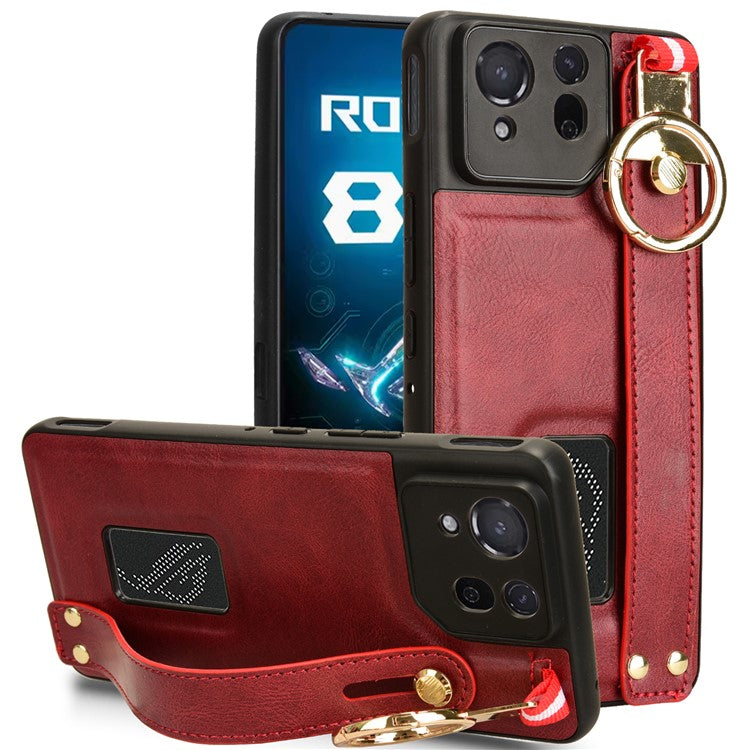 For Asus ROG Phone 8 5G / Phone 8 Pro 5G Cell Phone Case PU Leather+PC+TPU Back Cover with Neck Strap - Red