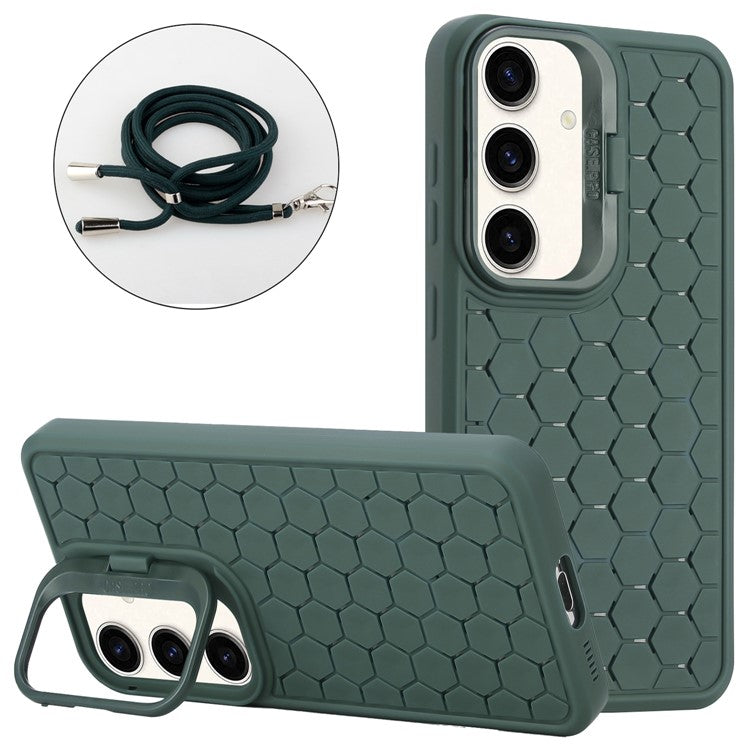 For Samsung Galaxy S24+ Magnetic Phone Case Lens Frame Kickstand TPU Cover with Lanyard - Army Green