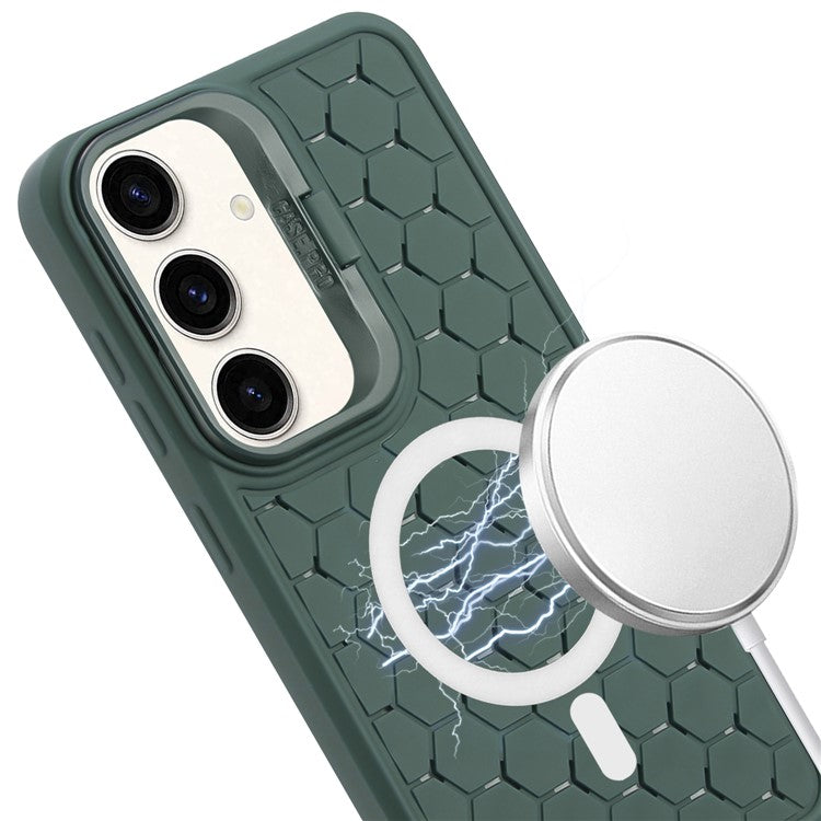 For Samsung Galaxy S24+ TPU Case Cameara Kickstand Honeycomb Texture Cooling Phone Cover - Army Green