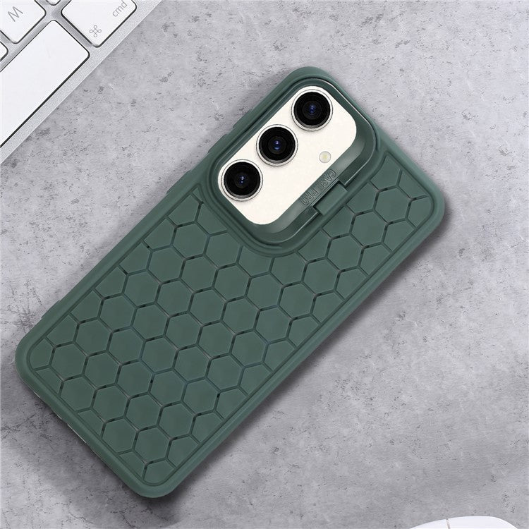 For Samsung Galaxy S24+ TPU Case Cameara Kickstand Honeycomb Texture Cooling Phone Cover - Army Green