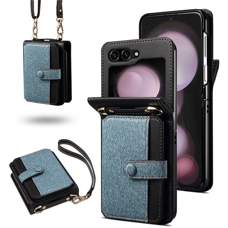 For Samsung Galaxy Z Flip5 5G Case PU Leather+PC Phone Protective Cover with Strap - Blue