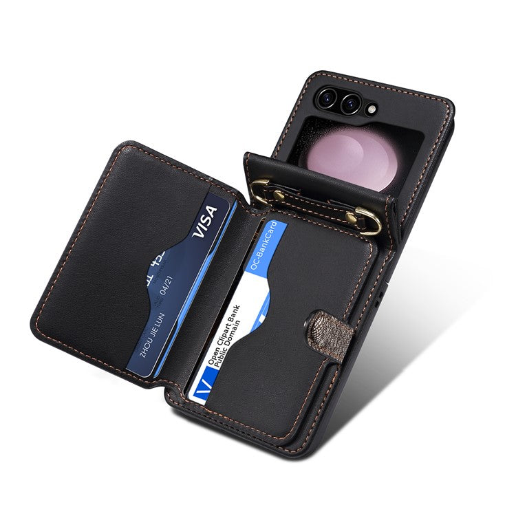 For Samsung Galaxy Z Flip5 5G Case PU Leather+PC Phone Protective Cover with Strap - Blue