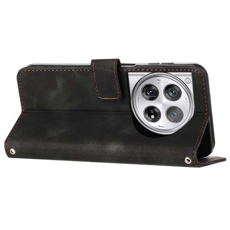 For OnePlus 12 5G Wallet Case Triangle Imprinted Leather Phone Cover with Stand - Black