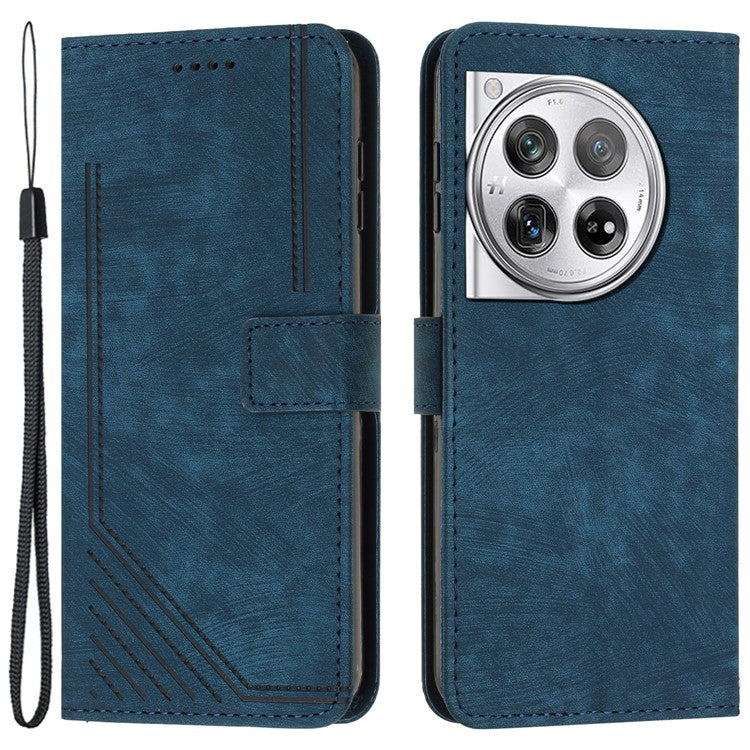 Leather Case for OnePlus 12 5G Shell Line Imprinted Card Holder Stand Phone Cover - Sapphire
