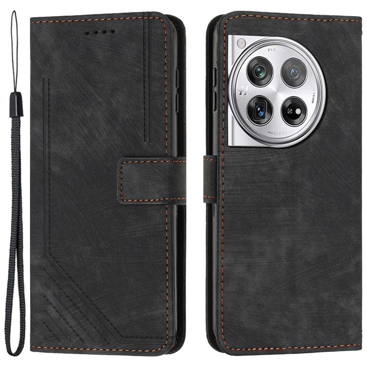 Leather Case for OnePlus 12 5G Shell Line Imprinted Card Holder Stand Phone Cover - Black