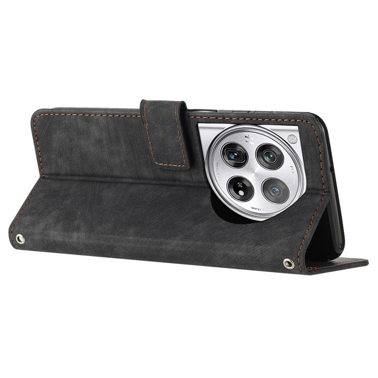 Leather Case for OnePlus 12 5G Shell Line Imprinted Card Holder Stand Phone Cover - Black