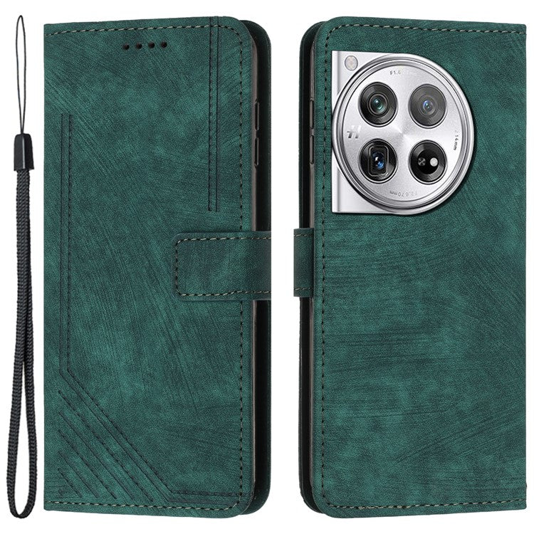 Leather Case for OnePlus 12 5G Shell Line Imprinted Card Holder Stand Phone Cover - Green