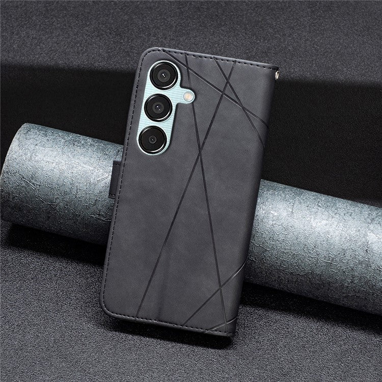 BINFEN COLOR For Samsung Galaxy M15 5G Phone Cases Wallet Stand Geometry Imprinted Leather Cover - Black