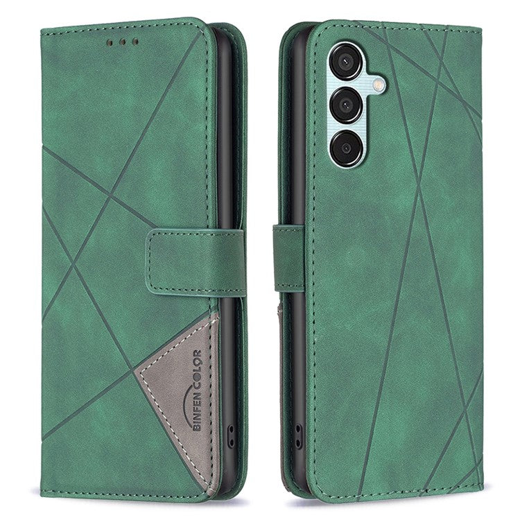 BINFEN COLOR For Samsung Galaxy M15 5G Phone Cases Wallet Stand Geometry Imprinted Leather Cover - Green