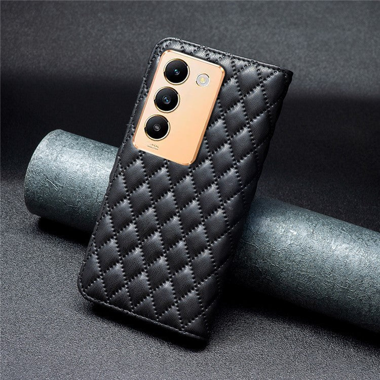 BINFEN COLOR BF Style-14 For vivo Y200e 5G Case PU Leather Imprinted Rhombus Phone Cover - Black