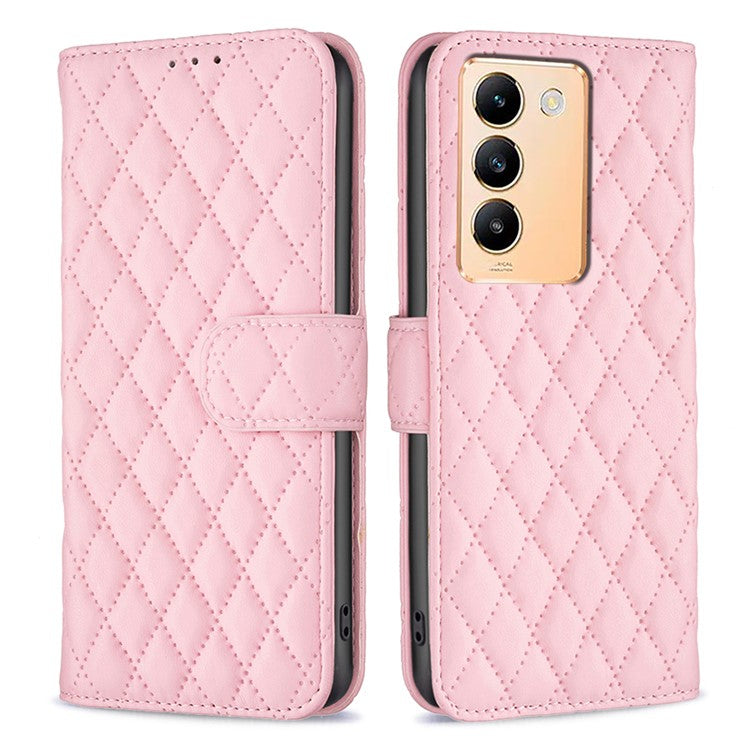 BINFEN COLOR BF Style-14 For vivo Y200e 5G Case PU Leather Imprinted Rhombus Phone Cover - Pink