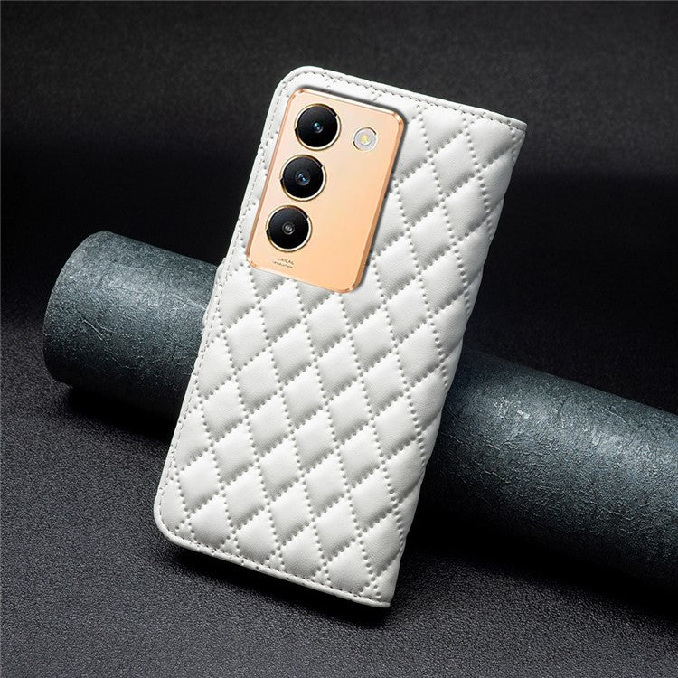BINFEN COLOR BF Style-14 For vivo Y200e 5G Case PU Leather Imprinted Rhombus Phone Cover - White