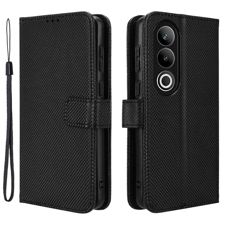 For OnePlus Ace 3V 5G Case Diamond Texture Folio Stand Phone Cover with Wrist Strap - Black
