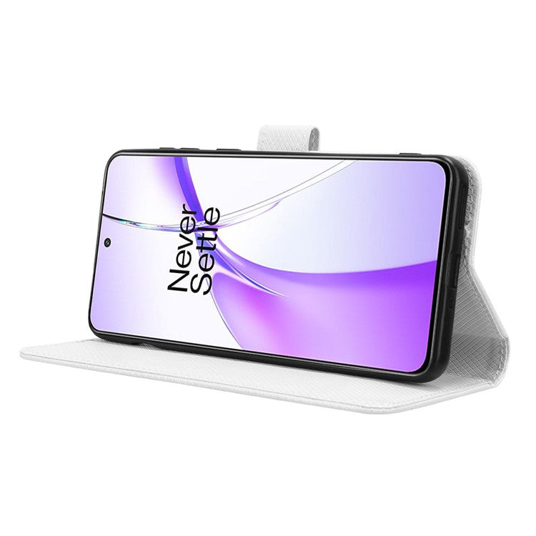 For OnePlus Ace 3V 5G Case Diamond Texture Folio Stand Phone Cover with Wrist Strap - White
