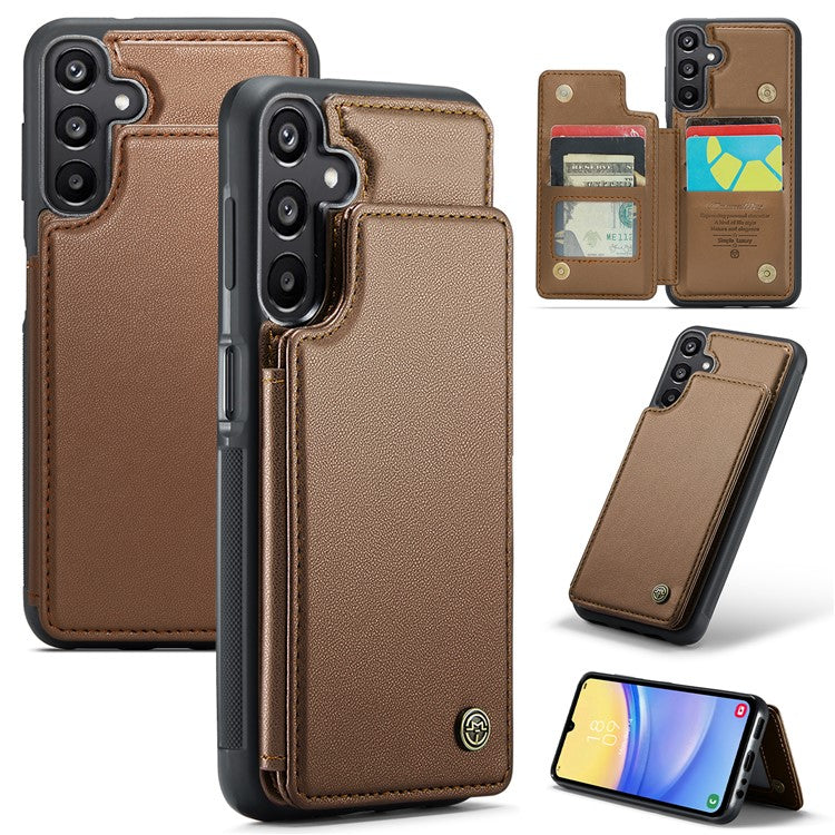 CASEME C22 Series For Samsung Galaxy A15 4G / 5G Case Leather RFID Blocking 5 Card Slots Kickstand Back Cover - Brown