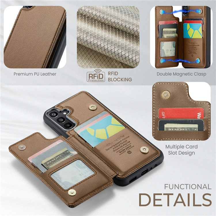 CASEME C22 Series For Samsung Galaxy A15 4G / 5G Case Leather RFID Blocking 5 Card Slots Kickstand Back Cover - Brown