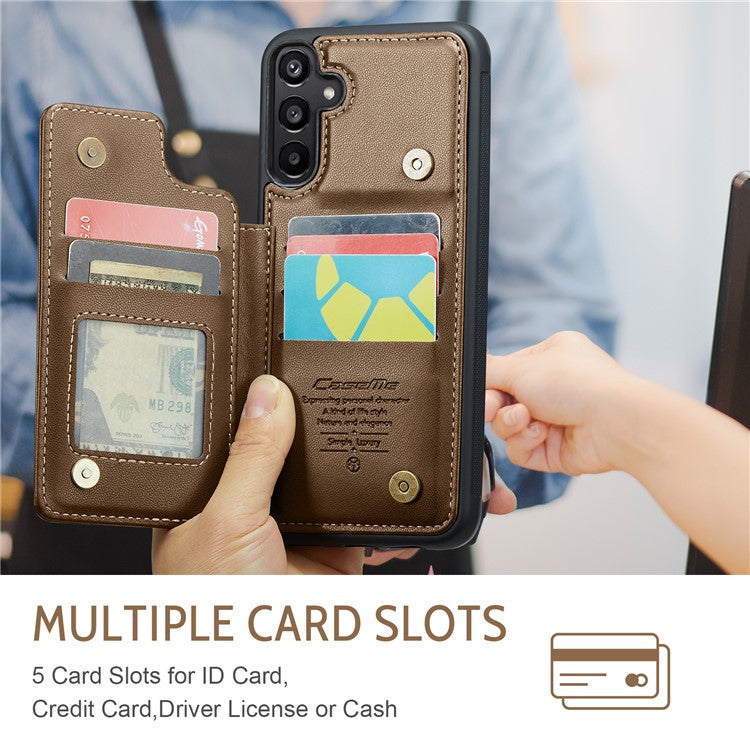 CASEME C22 Series For Samsung Galaxy A15 4G / 5G Case Leather RFID Blocking 5 Card Slots Kickstand Back Cover - Brown
