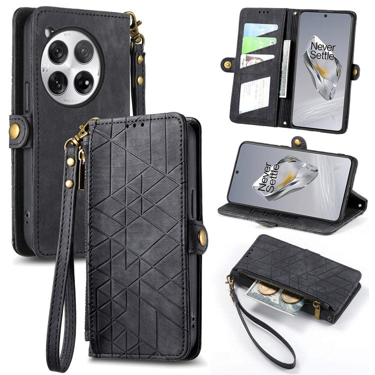For OnePlus 12 5G Case Geometry Leather Wallet Phone Cover Zipper Handbag - Black