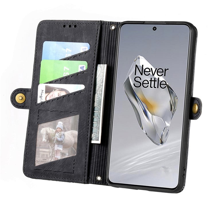 For OnePlus 12 5G Case Geometry Leather Wallet Phone Cover Zipper Handbag - Black