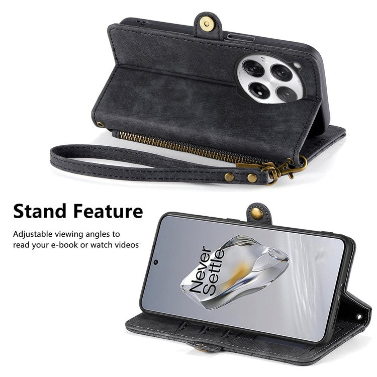 For OnePlus 12 5G Case Geometry Leather Wallet Phone Cover Zipper Handbag - Black