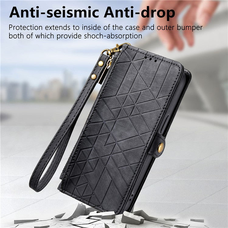 For OnePlus 12 5G Case Geometry Leather Wallet Phone Cover Zipper Handbag - Black