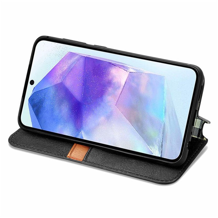 For Samsung Galaxy A55 5G Cell Phone Case Rhombus Imprinted Leather Wallet Stand Cover - Black