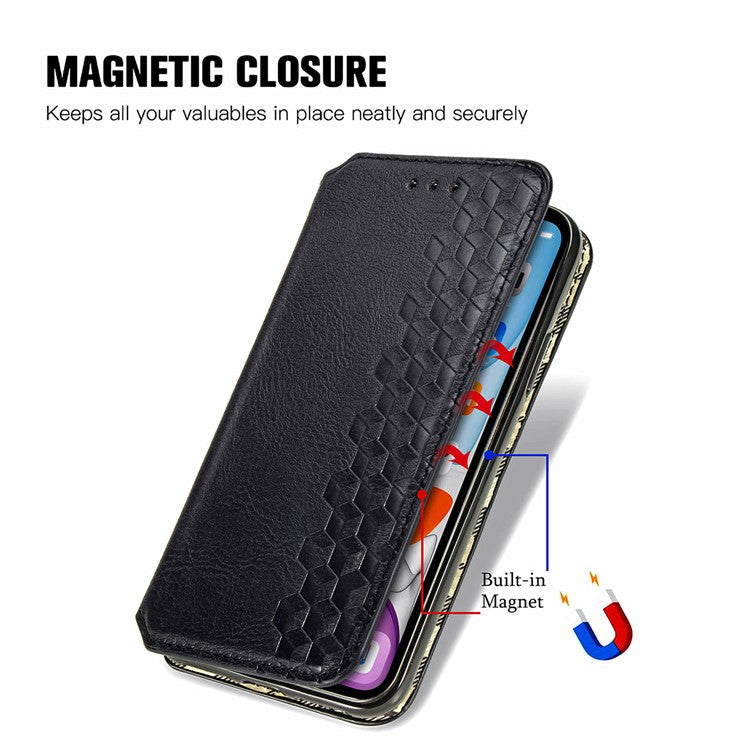 For Samsung Galaxy A55 5G Cell Phone Case Rhombus Imprinted Leather Wallet Stand Cover - Black