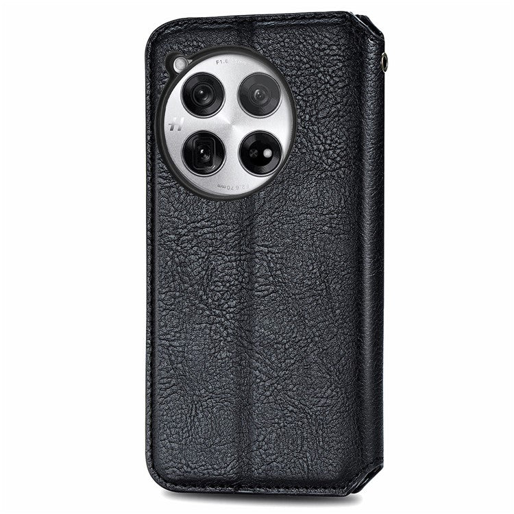 For OnePlus 12 5G Wallet Phone Cover Imprinted Rhombus Leather Flip Case - Black