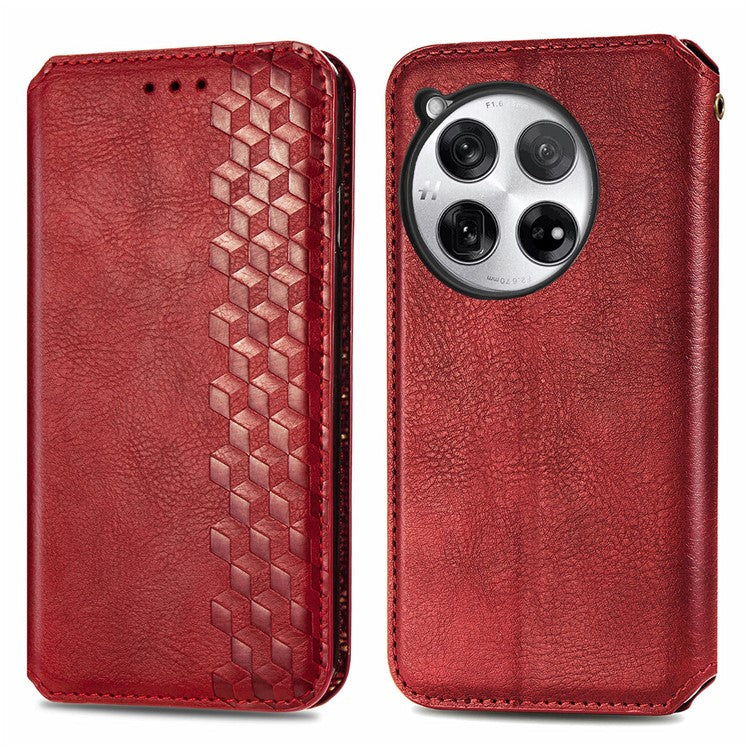 For OnePlus 12 5G Wallet Phone Cover Imprinted Rhombus Leather Flip Case - Red