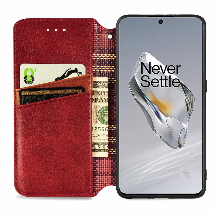 For OnePlus 12 5G Wallet Phone Cover Imprinted Rhombus Leather Flip Case - Red
