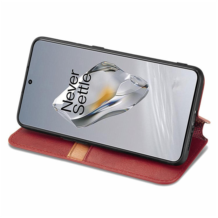 For OnePlus 12 5G Wallet Phone Cover Imprinted Rhombus Leather Flip Case - Red