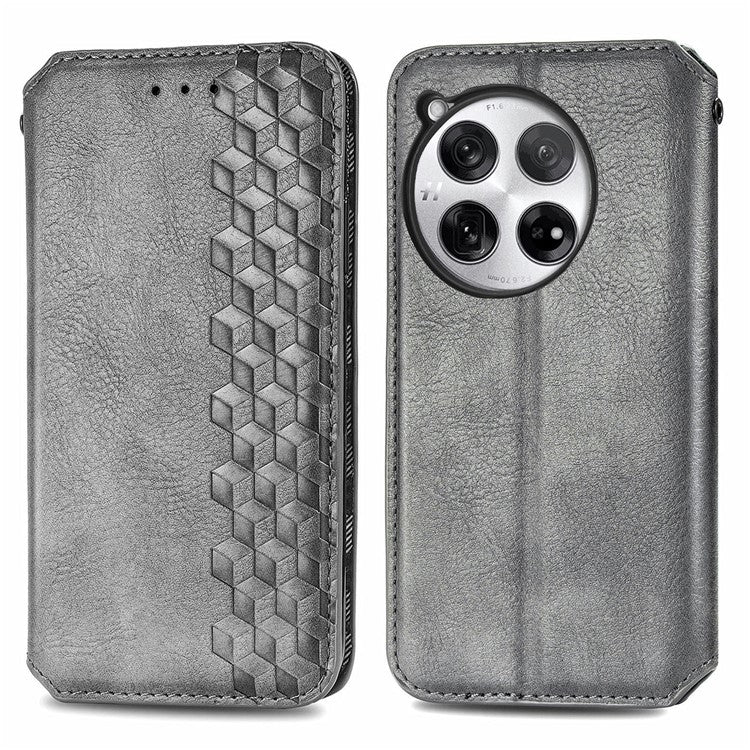 For OnePlus 12 5G Wallet Phone Cover Imprinted Rhombus Leather Flip Case - Grey