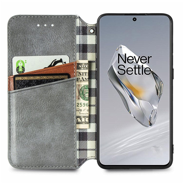 For OnePlus 12 5G Wallet Phone Cover Imprinted Rhombus Leather Flip Case - Grey