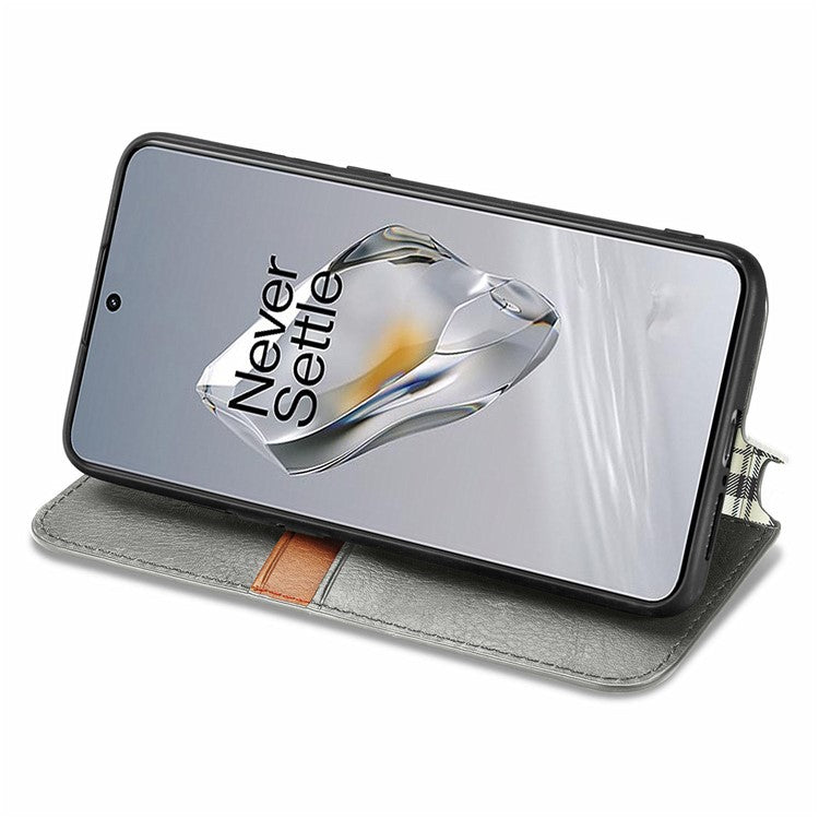 For OnePlus 12 5G Wallet Phone Cover Imprinted Rhombus Leather Flip Case - Grey