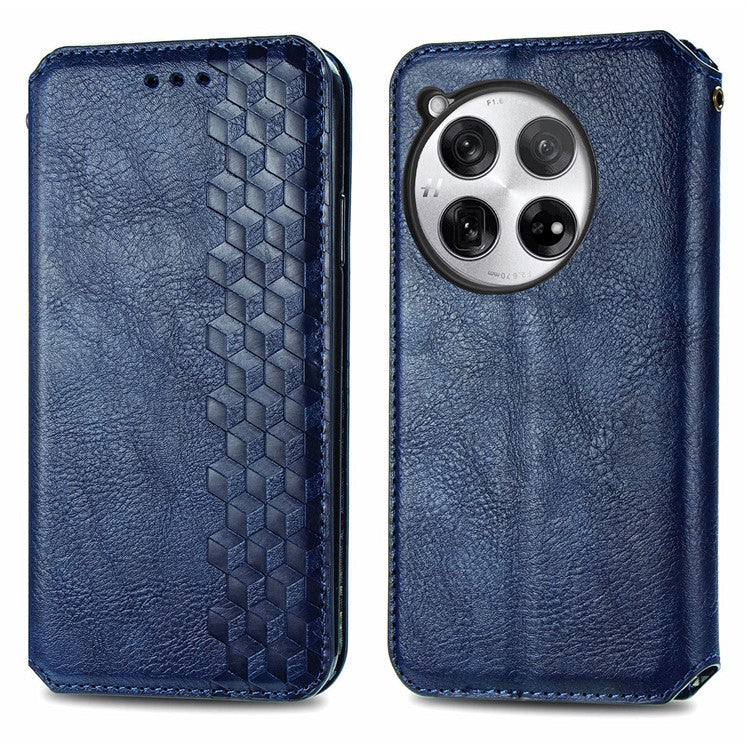 For OnePlus 12 5G Wallet Phone Cover Imprinted Rhombus Leather Flip Case - Blue